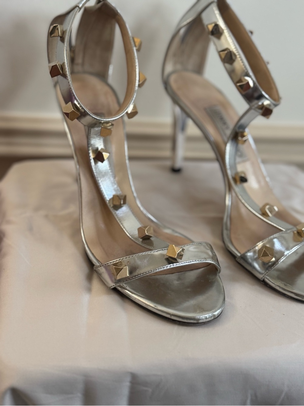 Jimmy Choo Silver Metallic Studded T-Strap Heels